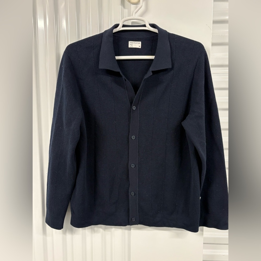 FRANK AND OAK Navy Blue Cardigan Sweater Size LARGE collared button up